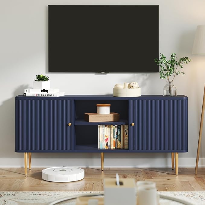 ARTPOWER 55” Fluted TV Stand, Mid Century Modern Blue TV Stand