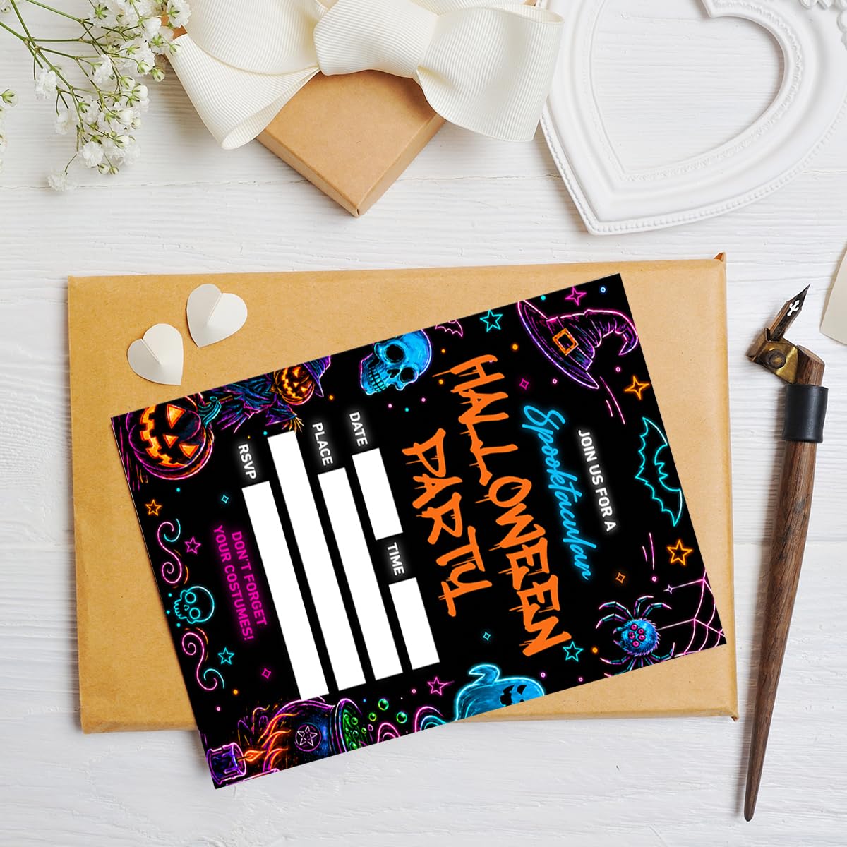 Weifuju 20 Pack Neon Spooky Halloween Party Invitations with Envelopes