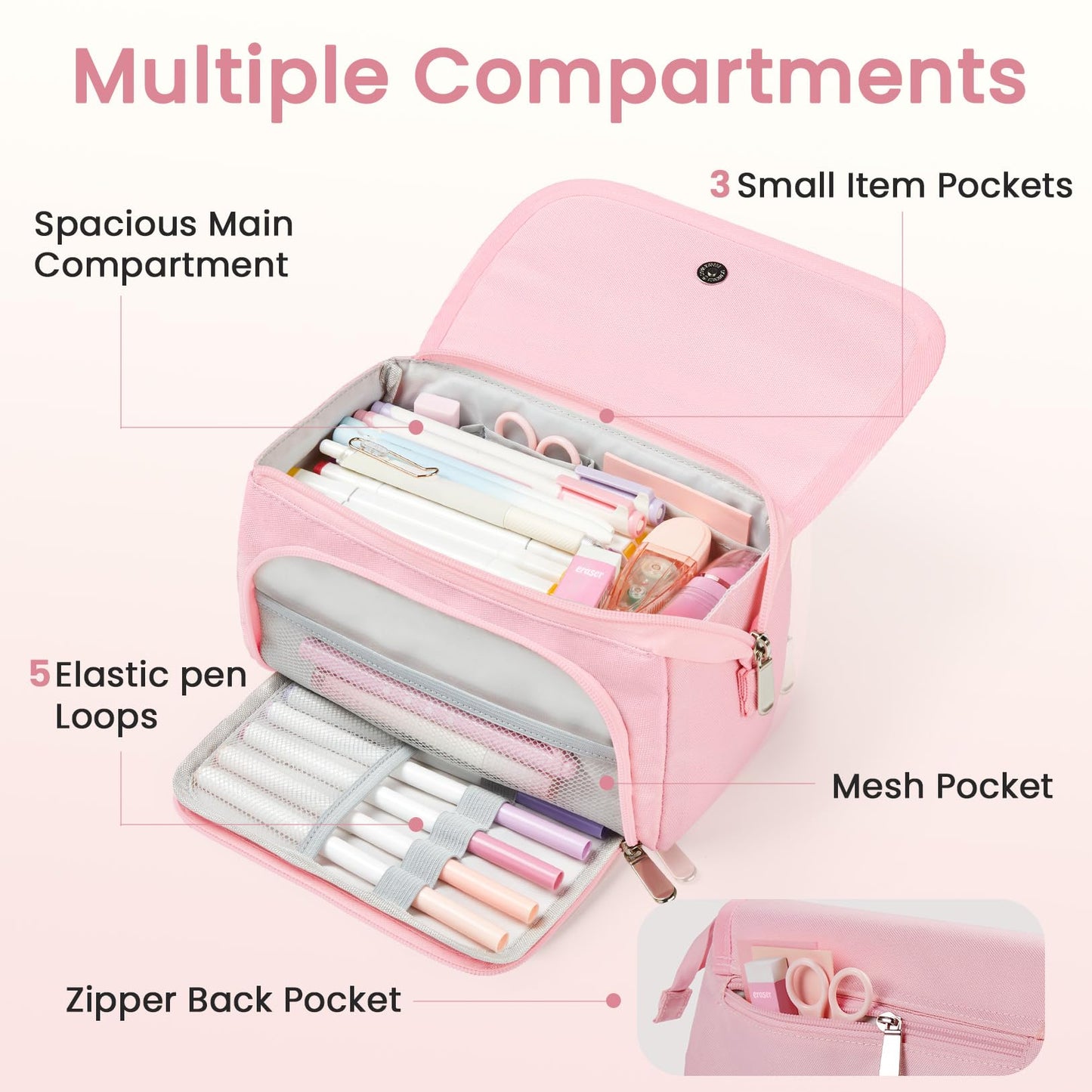Sooez Super Large Pencil Case, Big Capacity Pencil Bag with 3 Compartments, Holds 100 Pencils, Cute Pencil Pouch with Zipper, Portable Stationery Pen Bag, Aesthetic School Supplies For Girls, Beige