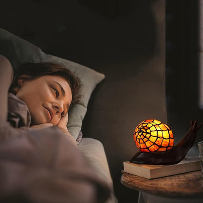 Tiffany Style Red-Brown Snail Accent Table Lamp Handmade Stained Glass Shade Night Light for Kids with 3 Color Temperatures LED Bulb Ideal Gift for Home Decor (8" D x 5" W x 5" H)