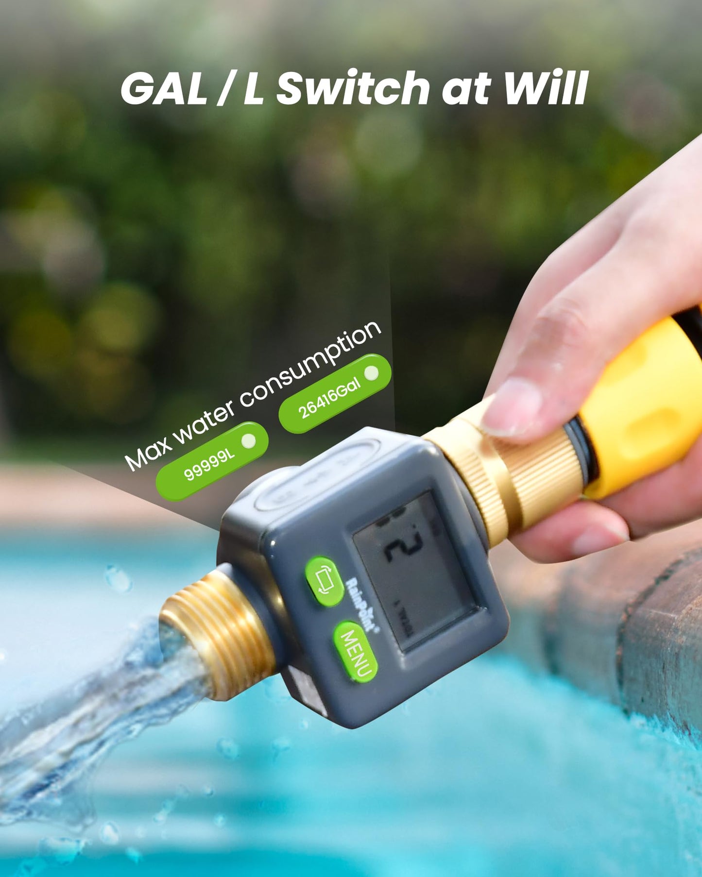 RAINPOINT Water Flow Meter with Brass Inlet & Outlet, 180° Screen-Flip Water Meter, Measure Gallon/Liter Consumption for RV Filling, Garden Watering, Sprinkler and Hoze Nozzle (Pack of 2)