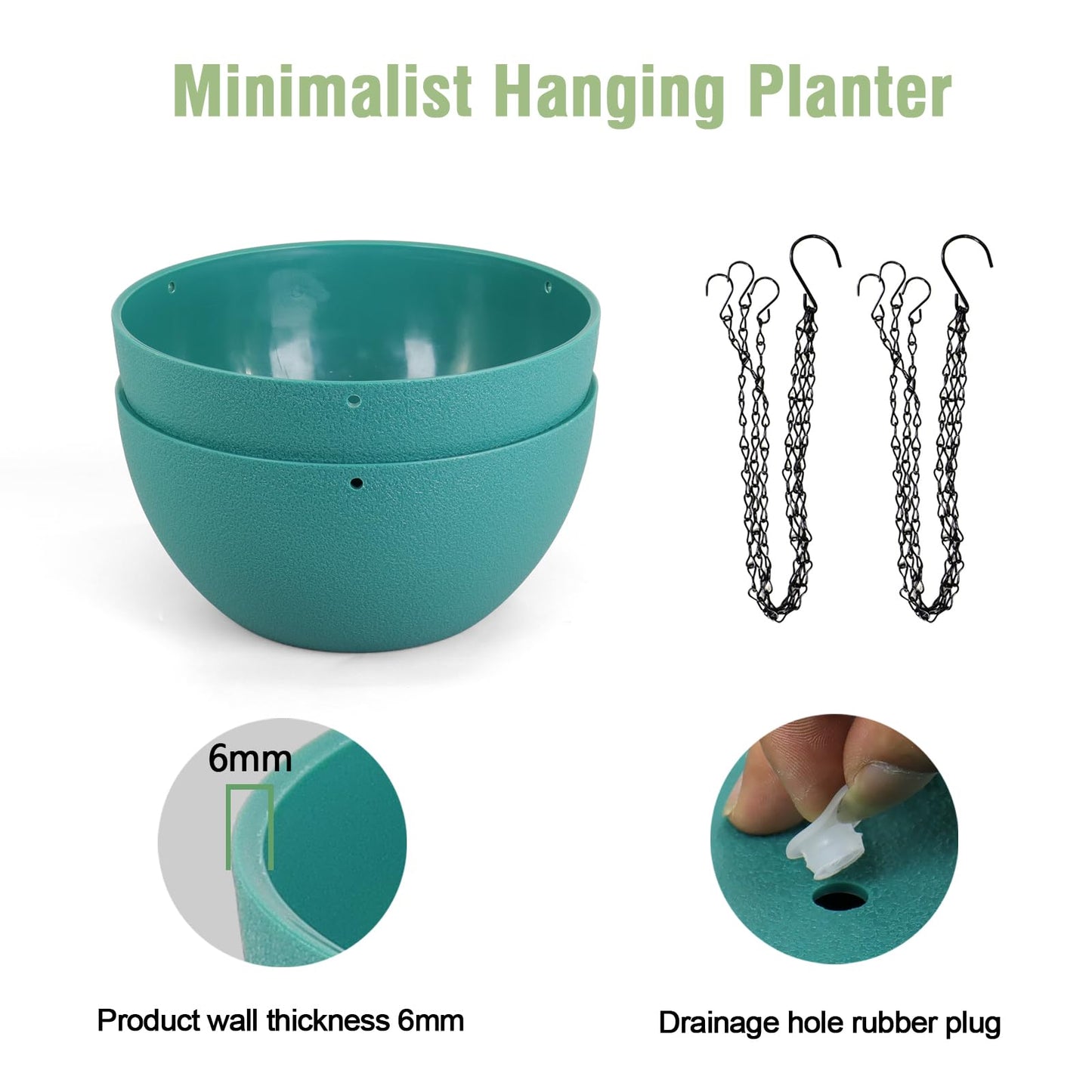 Meowell 8 inch Small Hanging Planters Plant Pots for Indoor Outdoor Plants, 2 Pack Hanging Flower Pots with Drainage Holes and Chain for Garden, Plastic Hanging Baskets for House Plants, Blue Green