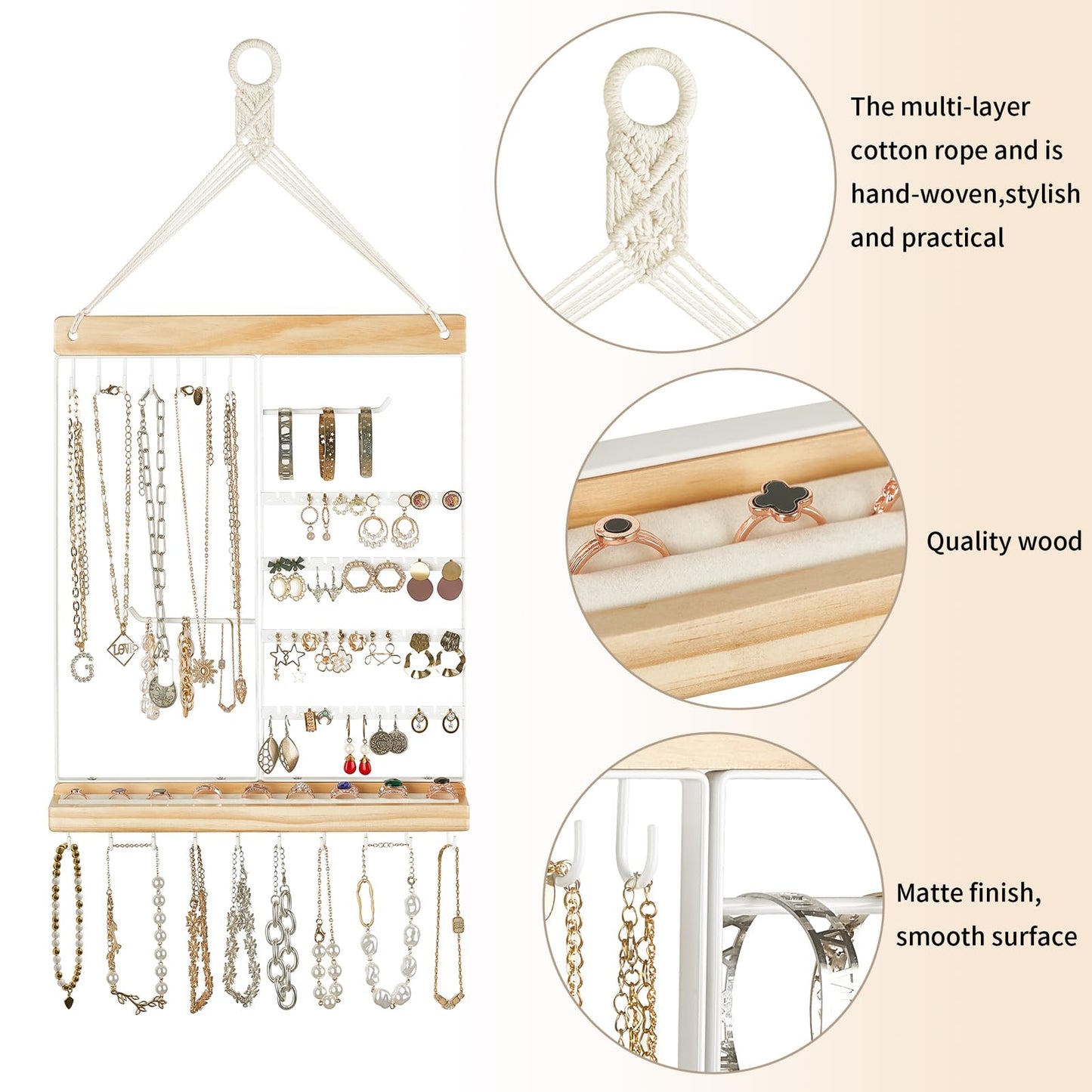 Mkono Key Holder for Wall Decorative Small Macrame Key Holder Boho Home Decor and Hanging Jewelry Organizer Wall Mounted Metal Necklace Holder Wood Shelf with 55 Holes and 7 Hooks Display Rack