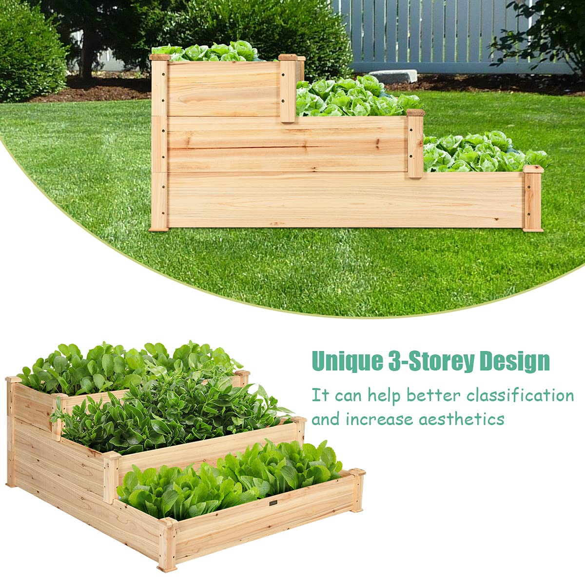 Giantex 3 Tier Raised Garden Bed, Outdoor Planter Box Vegetable Flowers Growing Box, Elevated Raised Bed Kit, Wood Planting Container, 49’’x49’’x22 (LxWxH)