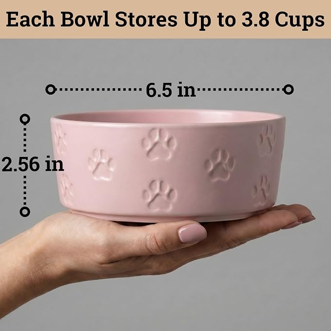Ceramic Dog Bowl Set of 2 with Anti-Skid Base - 6.5" Wide x 2.5" Tall Ceramic Dog Bowls Medium Sized Dogs - 3.8 Cup Capacity Food and Water Bowls for Dogs - Rubber Bottom Pet Bowl Set of 2 Medium Size
