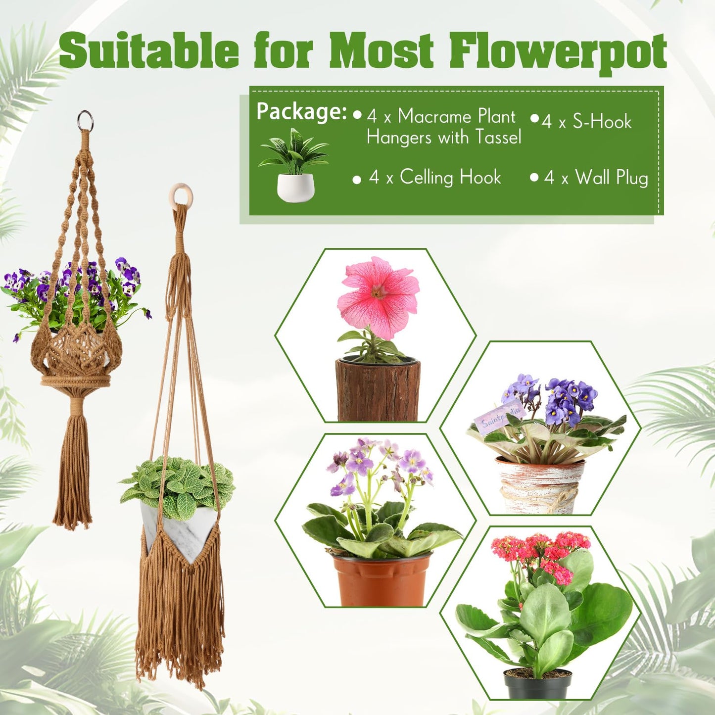 Wovnet 4 Packs Macrame Plant Hangers with Tassels Boho Crochet Hanging Plant Basketball for Indoor Outdoor Plant Hanger with 4 S Shaped Hooks for Home Decor Window Flower Pot(Brown)