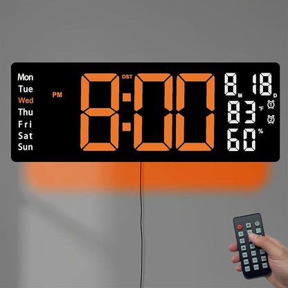 17.5 Inch Orange LED Digital Wall Clock with 8 Ambient Light Colors｜Displays Time,Date,Day,Temperature&Humidity,Dual Alarms,Countdown&Stopwatch,DST,10-Level Auto/Manual Brightness｜Modern Silent Clock