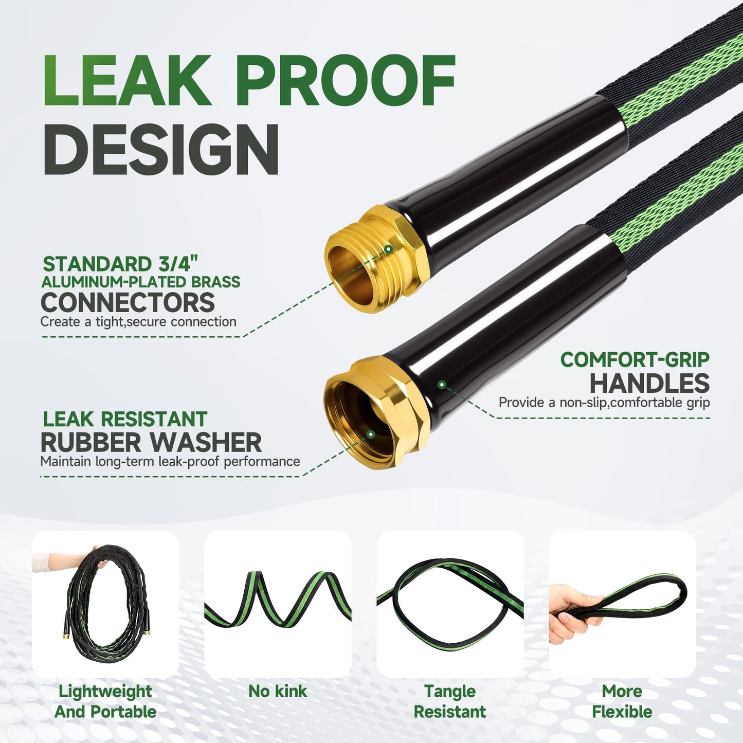 Garden Hose 25 ft Flexible Water Hoses Non-Expanding Lightweight Portable No Kink High Pressure Flat Fabric 3/4” fittings Leak-proof Durable Pipe for Outdoor Outside Yard Lawn Patio Watering Car Wash