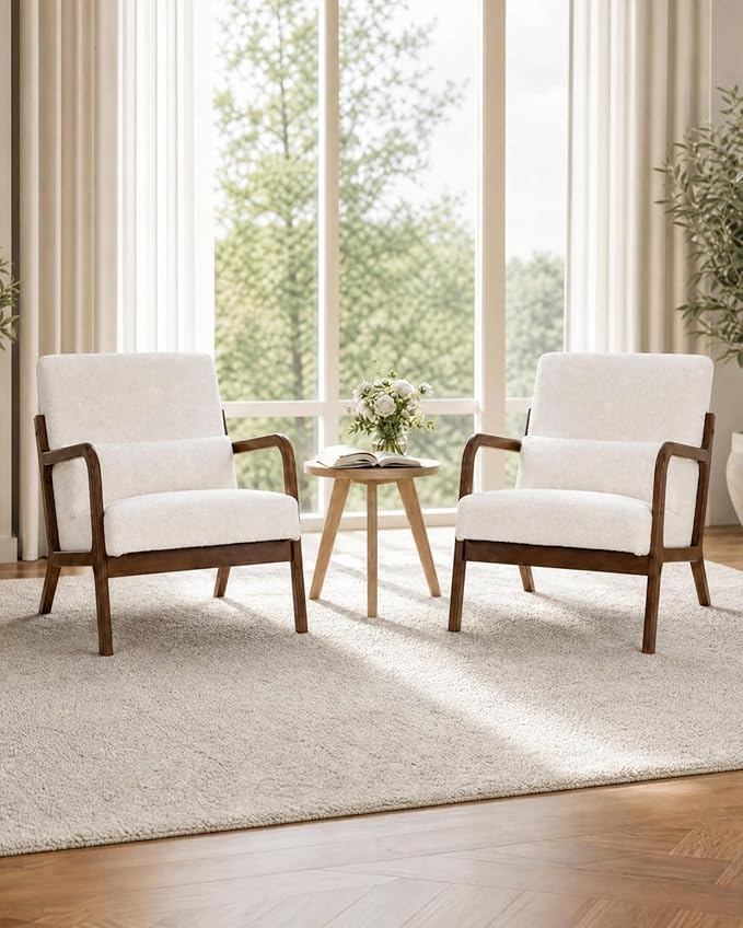 Garvee Mid-Century Modern Accent Chair, Sherpa Upholstery, Solid Wood Armchair