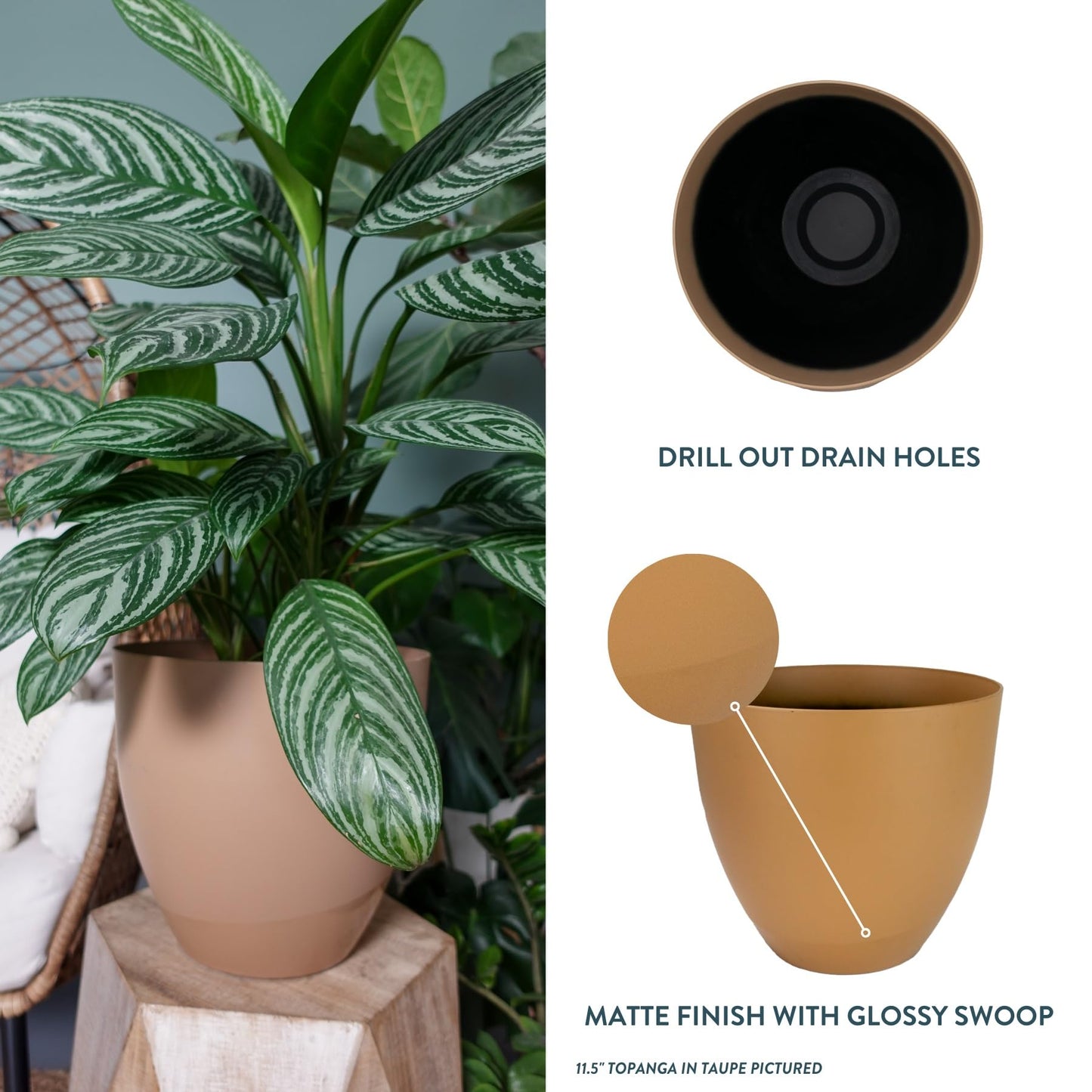 The HC Companies 13 Inch Topanga Decorative Round Planter - Lightweight Premium Resin Plant Pot with a Ceramic Look for Indoor Outdoor Use, Taupe Swoop