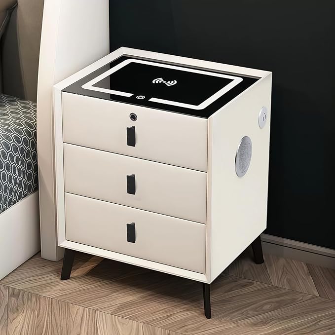 Smart Nightstand with Charging Station, Adjustable LED, USB Ports, Fingerprint
