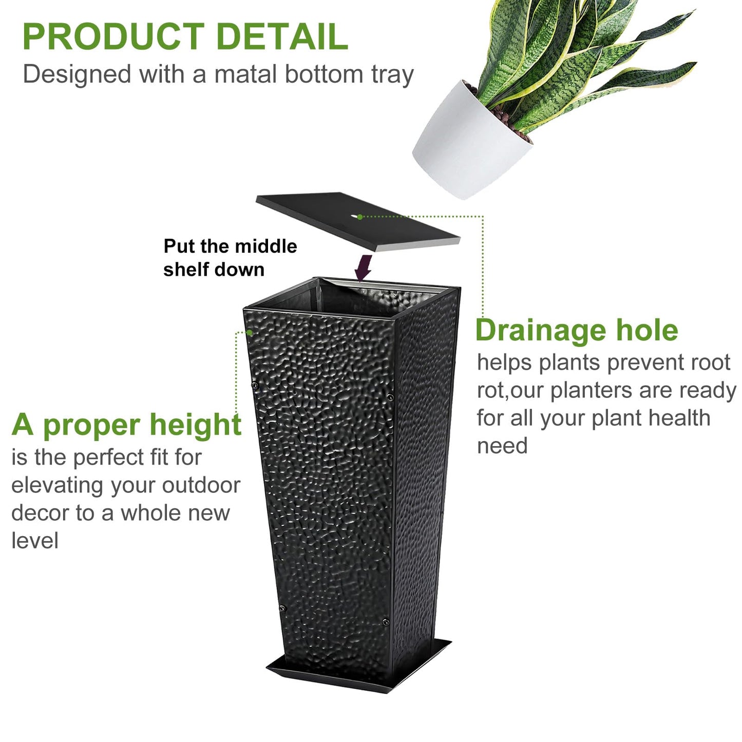 BAYN 2-Pack 24" Tall Metal Planter – Hand-Hammered Textured Large Black Flower Pots Box with Saucer for Outdoor&Indoor, Garden, Porch, Patio, Yard with Pre-Drilled Drainage Holes
