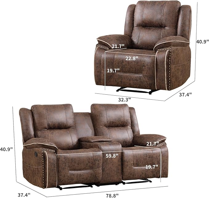 EBELLO Faux Leather Manual Recliner Sofa Set, 2 Seat Reclining Chair and a