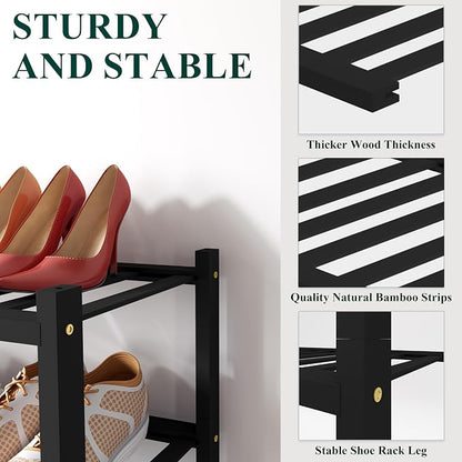 Smiry Small Bamboo Shoe Rack, 6 Tier Free Standing Wooden Shoe Organizer, Stackable Wood Shoe Storage Shelf for Closet, Entryway, 12 Vertical Slats, 2+2+2 Stack Standard Legs, 17.3"x11"x39", Black