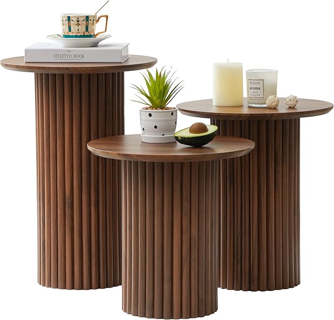 Bifins Round Nesting Coffee Table Set of 3, Mid Century Modern Fluted Coffee