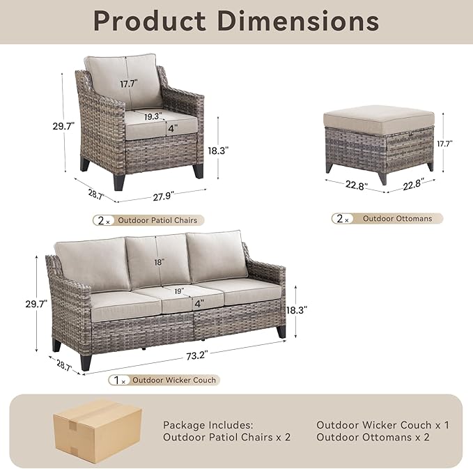 5 Pieces Outdoor Furniture-High Back Outdoor Wicker Couch Patio Chairs Set of 2