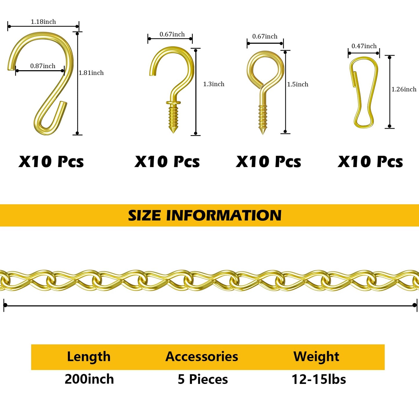 garini Hanging Plant Hooks,200 Inch Metal Glod Hanging Chain with S Hooks for Hanging Plants, Photo, Lantern, Billboards and Planters