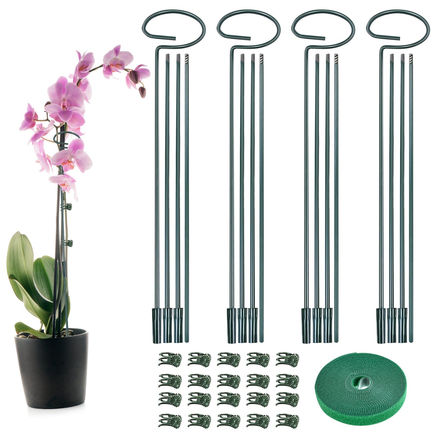 4 Set Metal Plant Sticks Support Tall 48 Inch Adjustable Plants Stem Support Rod Amaryllis Holder Stake Garden Flower Rings with 20PCS Clips 16.5' Plant Ties for Outdoor Indoor Plants
