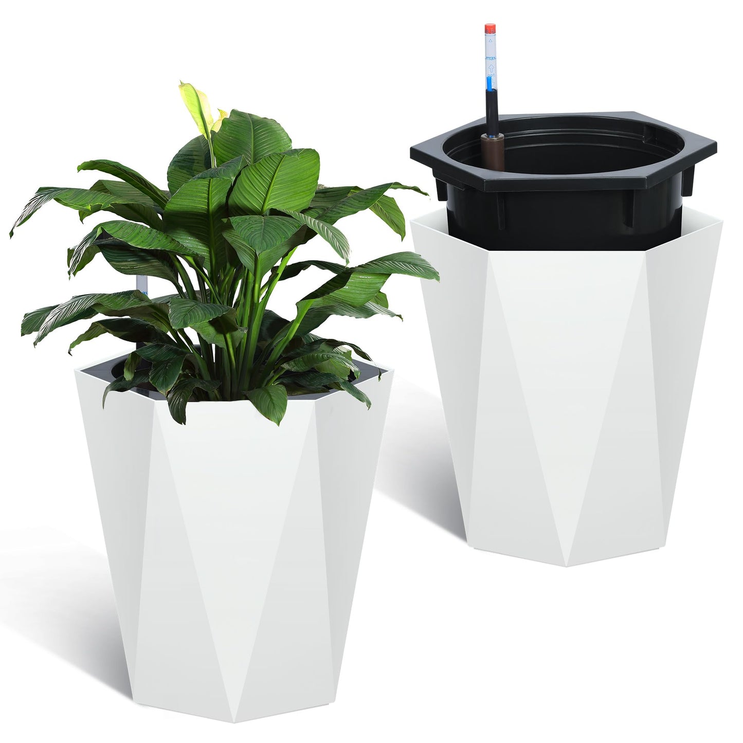 GarveeLife 16 Inch Tall Planters Set of 2, Outdoor Planters Self Watering Plant Pots with Water Level Monitor, Multiple Drainage Holes, Flower Pots for Patio, Porch, Living Room, or Home Office, White