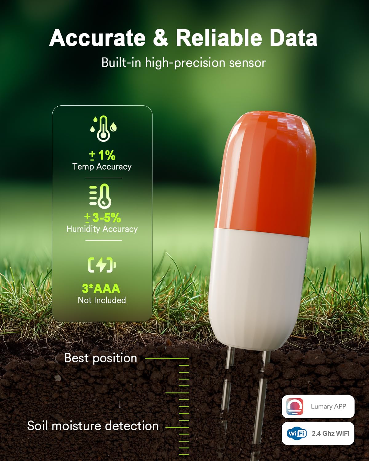 Lumary Wireless WiFi Moisture/Temperature Soil Meter, 2 in 1 Real-time Monitor with App, work with Smart Water Timer, No Need Hub, Hygrometer Sensor For Outdoor IP67, Push Notification Lawn Greenhouse
