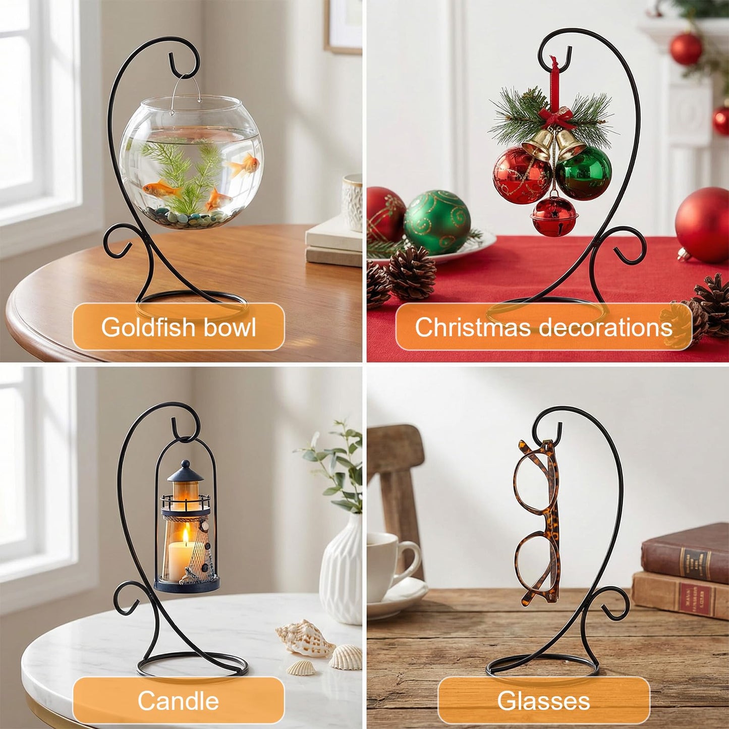 Douaowoc 16 Pcs Ornament Display Stands, 9 Inch Black Iron Hanging Stand Rack Holder for Christmas Halloween Decoration, Glass Ball Holder for Hanging Plant Home