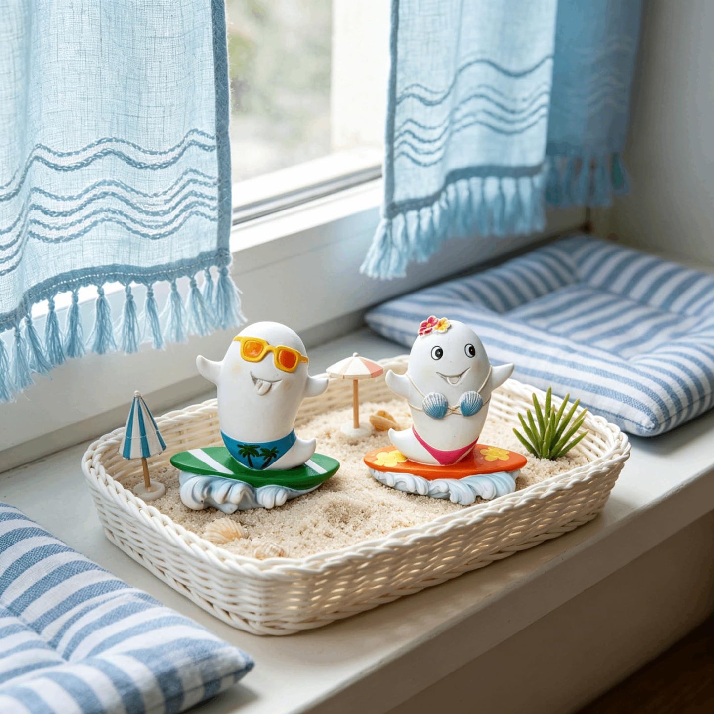 DiliComing Summerween Ghost Figurines Summer Decor - 4 Inch Set of 2 Cute Surfing Ghost Resin Statues Summer Party Tropical Beach Themed Collectible Figurines for Home Decor Halloween Decorations