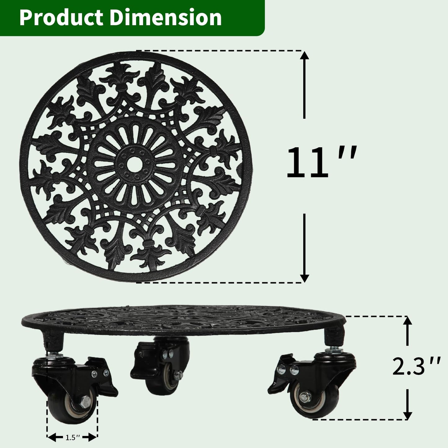 GARGENTOL Rolling Plant Stand with Wheels, 2 Pack Heavy Duty Metal Plant Caddy 11 Inch Wrought Iron Plant Dolly Outdoor Round Plant Rollers Stand for Large Potted Plants and Flower Pot, Black