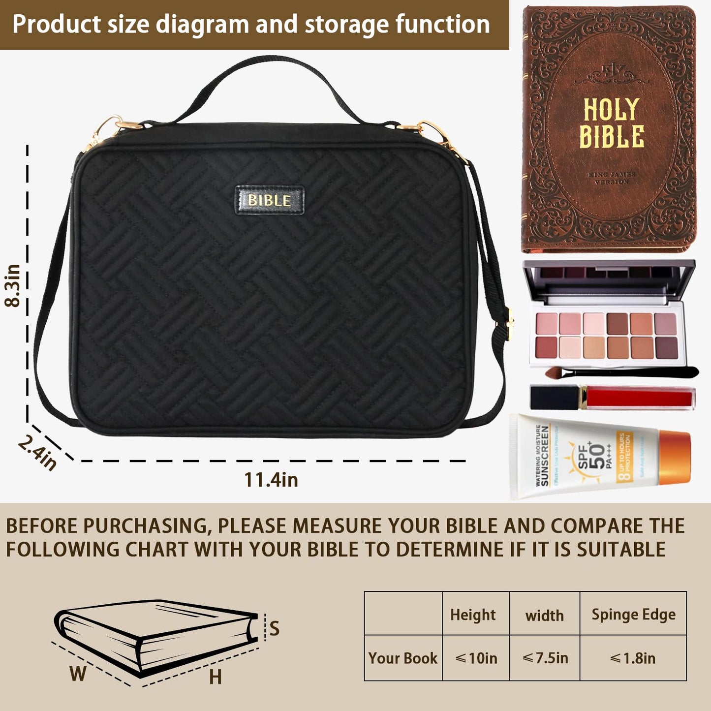 Bible Cover for Women Bible Case, Large Bible Bag, Bible Study Supplies Bible Journaling Kit Book Carrying Case with Bible Highlighters Tabs, Valentines Day Christian Gifts for Women(Black)