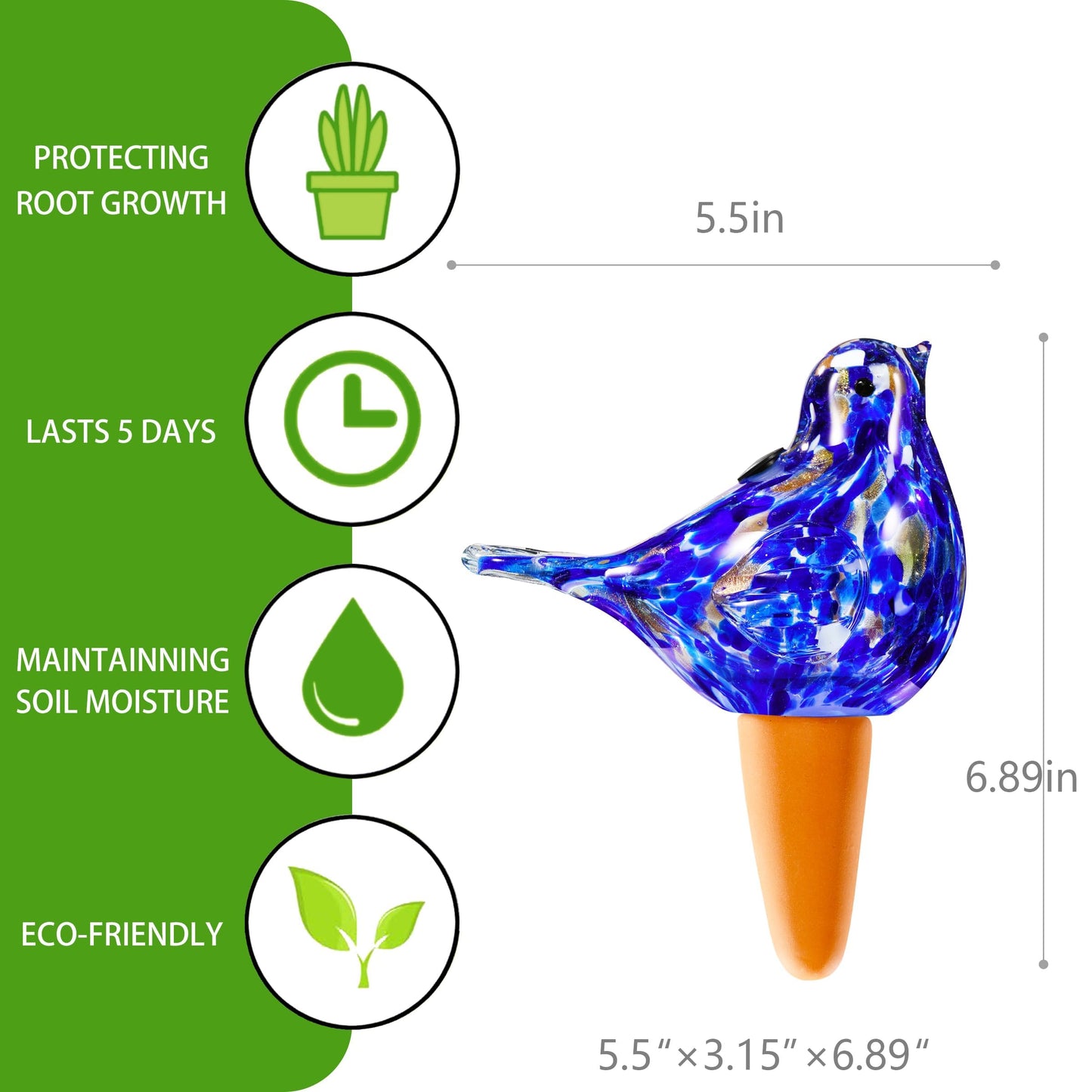 Plant Watering Globes, Bird Glass Self Watering Planter Insert - Glass Plant Water Globes for Daily Use, Planter Spikes to Support Indoor & Outdoor Plant Health, Dark Blue