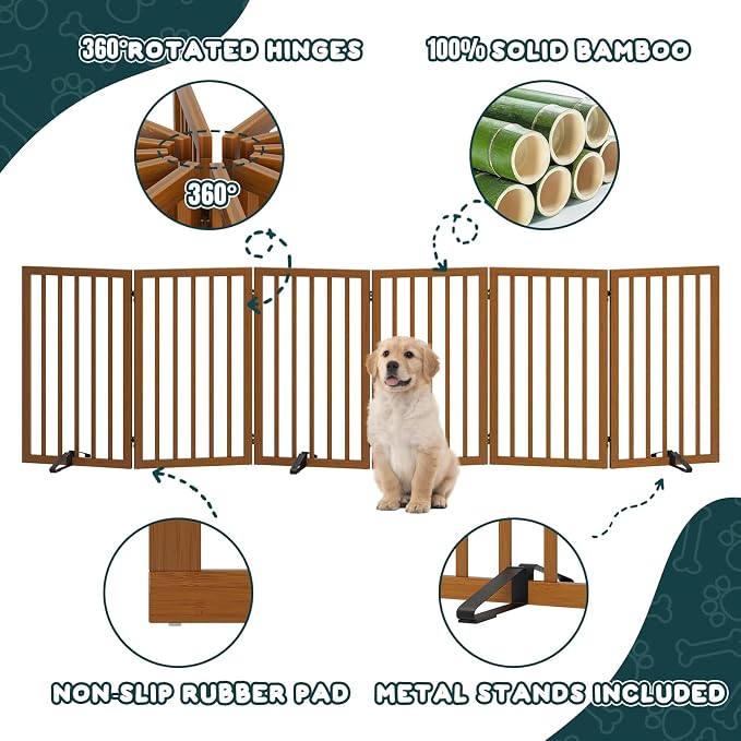 Freestanding Extra Wide Dog Gate Indoor, 6-Panel Wooden Pet Gate with 2 Metal Stands and 360°Hinge, Tall Dog Gates for Doorways, Stairs, Doorways, Kitchen, Foldable Safety Fence, 110"W x 32"H - Walnut
