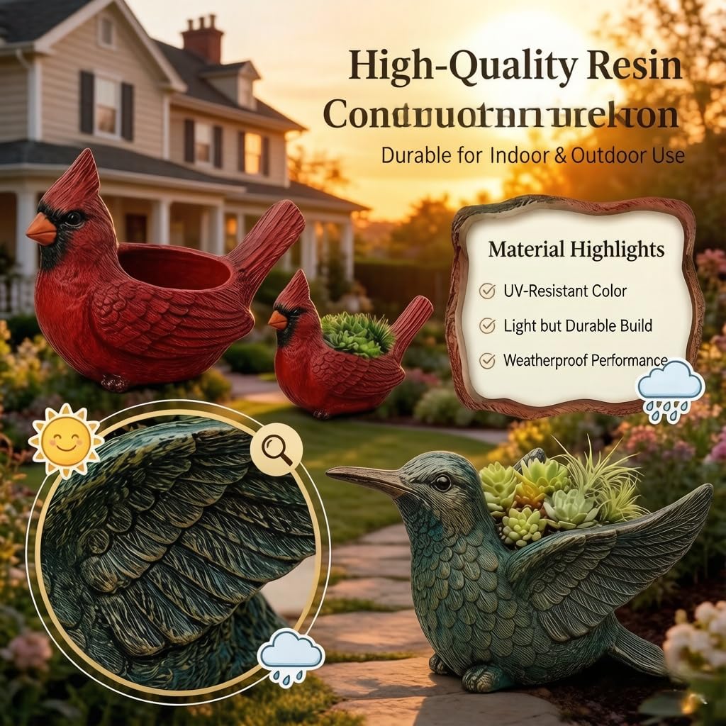 BoniIllusion 2026 Cardinal Bird Succulent Planter, Red Resin Hummingbird Succulent Pot with Drainage Hole, Nature-Inspired Decorative Flower Pot for Indoor Outdoor Garden Desk Decor (Hummingbird)