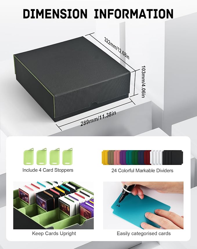 ZLCA Card Storage Box for MTG PTCG, Commander Deck Box Holds 3200+ Cards, Trading Card Storage Case with 4 Stoppers, Card Organizer for TCG Sport Cards(Black&Green)