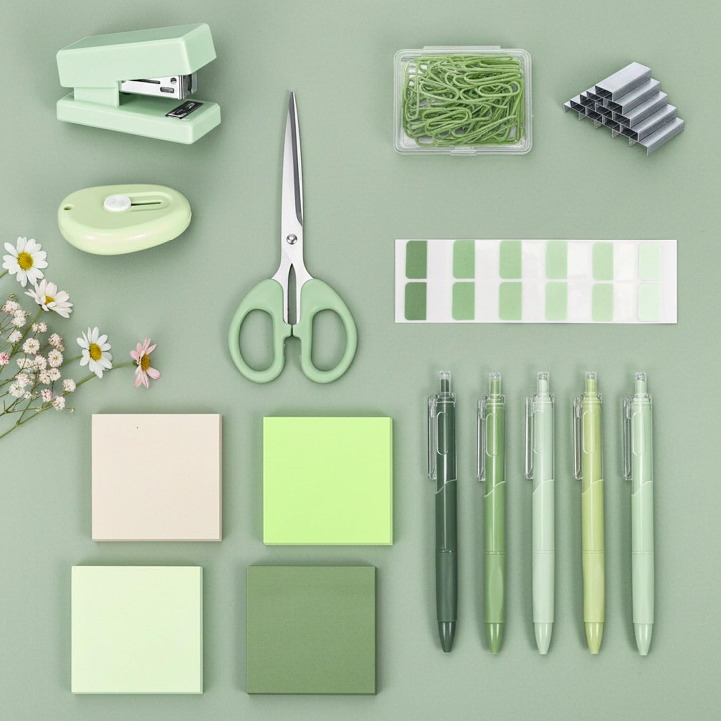 Humyoun Mini Green Office Supplies Kit Green School Supplies Christmas Gift Desk Accessories with Gel Pens Sticky Notes Stapler Scissor Paper Clips Index Tabs Box Cutter for Christmas Gifts Office