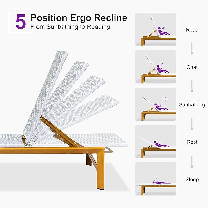 PURPLE LEAF Patio Chaise Lounge French Outdoor Lounger 1 Piece Wood-Grain