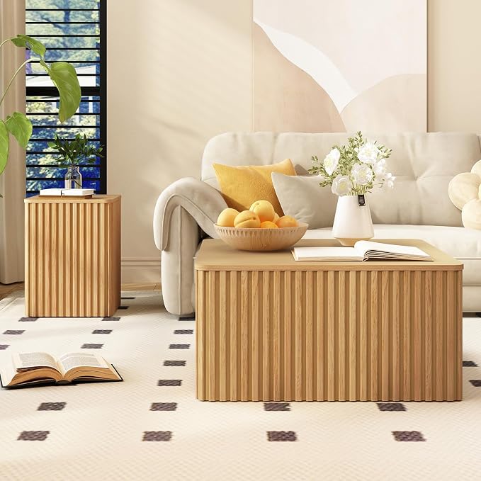 Fluted Square Coffee Table with Storage-Large Wood Center Table with Solid Wood Veneer Top, Mid Century Modern Low Coffee Table for Living Room, Natural