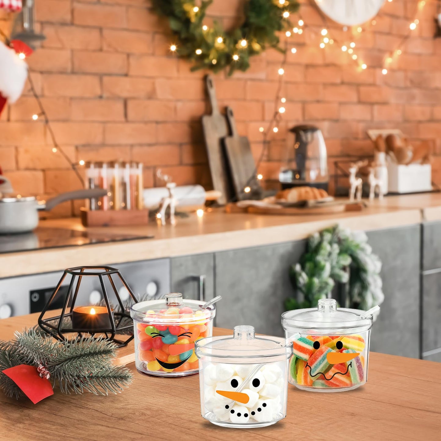 FYSUIMU 3Pcs Christmas Hot Cocoa Bar Supplies Clear Acrylic Sugar Bowl with Lid Spoon Cute Snowman Xmas Candy Jar 6.8 Oz Kitchen Storage Container for Home Coffee Bar Holiday Party