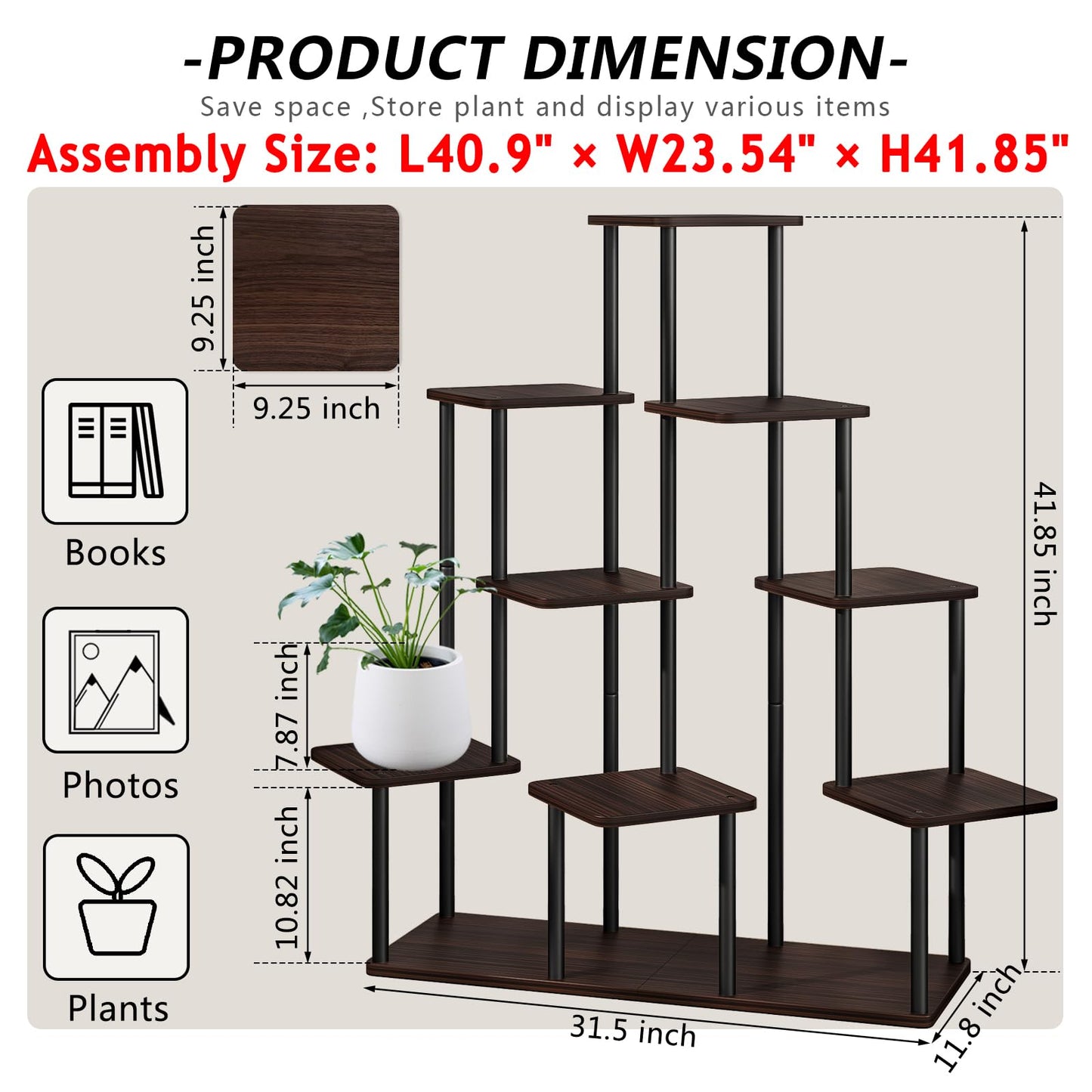 AZERPIAN Plant Stand 9 Tier Indoor Metal Flower Shelf for Multiple Plants Corner Tall Flower Holders for Patio Garden Living Room Balcony Bedroom, Black Oak