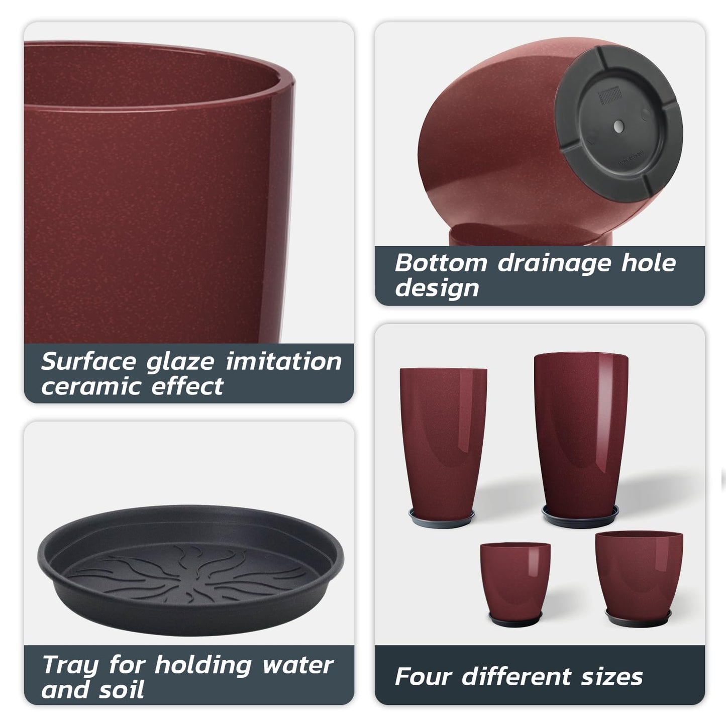 ZMTECH 24 21 12 10 Inch Tall Plant Pots for Indoor & Outdoor Use Set of 4, Large Plastic Planters with Drainage Hole and Saucer for Outside,Front Porch, Patio, Garden, Wine Red