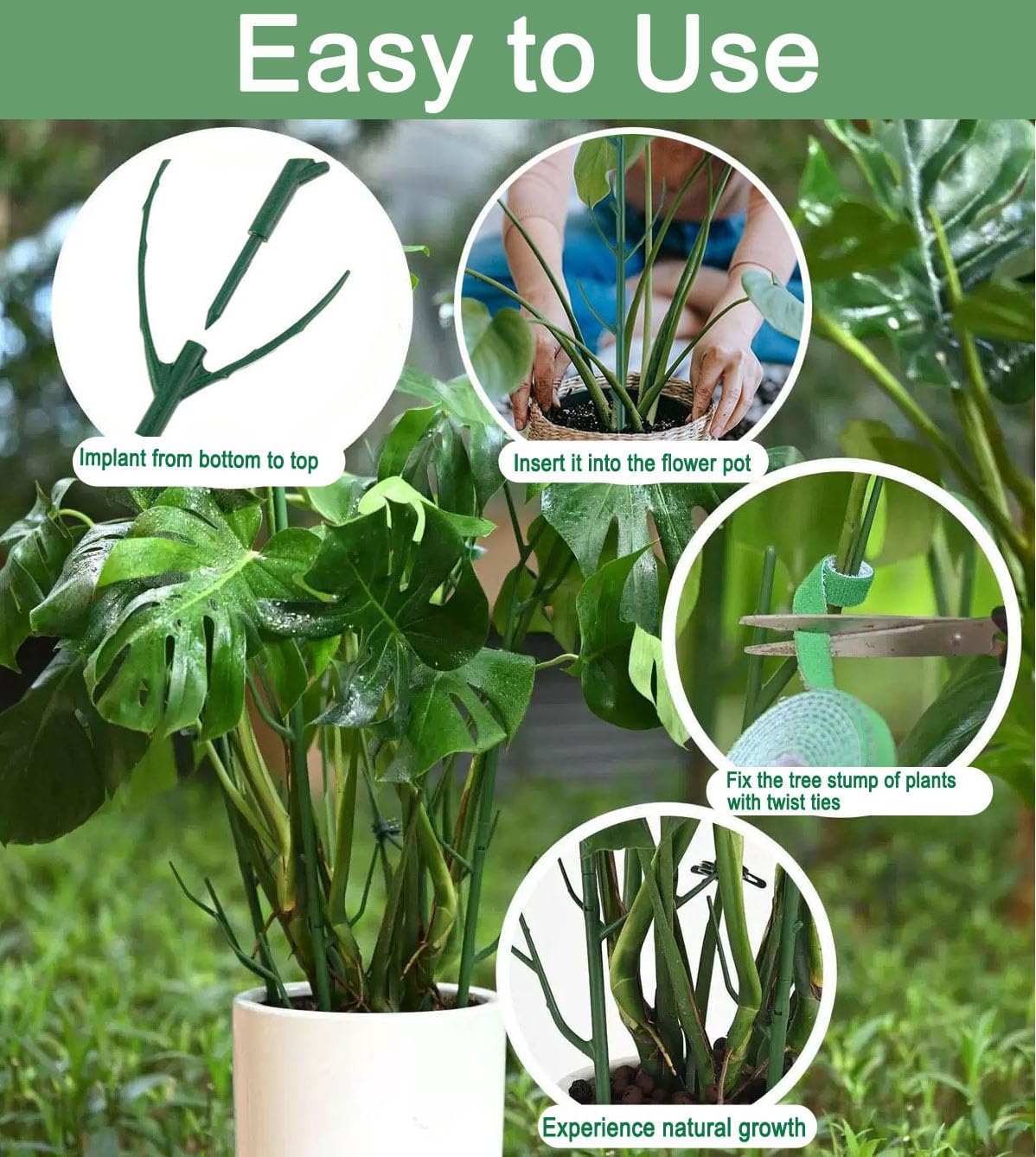 10 Pack Stackable Monstera Plant Support Climbing Plants Support Structures for Indoor Outdoor Plants Plant Holder Stick with Plant Ties for Support Tall Potted Plants, Bonus: 2 Roll of Gardening Tape