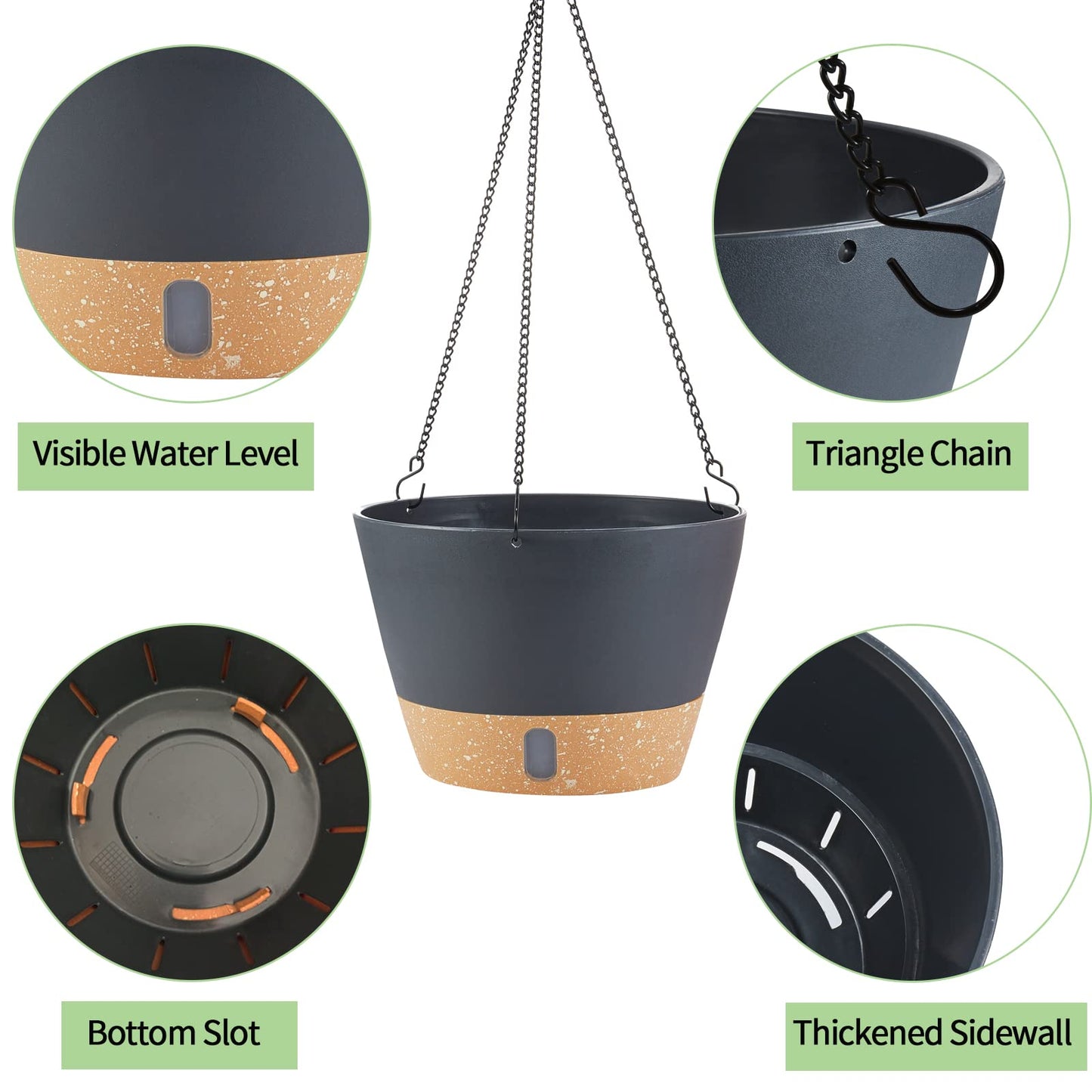 WIZROL 2 Pack Hanging Planters for Indoor Outdoor Plants, 10 Inch Hanging Flower Pot Basket with Drainage Hole with Removable Tray&Hooks Self Watering Plant Pot for Hanging Plants, Dark Grey