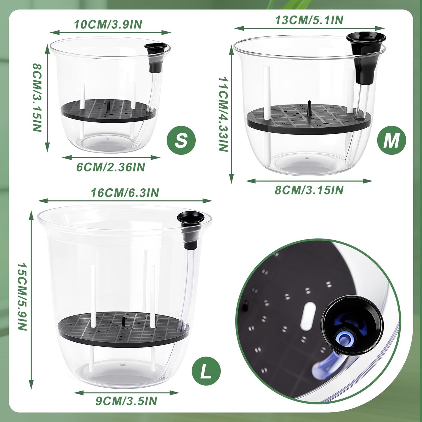 Ferrochef 6 Pcs Clear Self Watering Pots for Indoor Outdoor Plants Flowers, 2 Each of 4, 5 and 6 Inch Self Watering Planters with Reservoir, Drainage Hole and Absorbent Cotton Rope