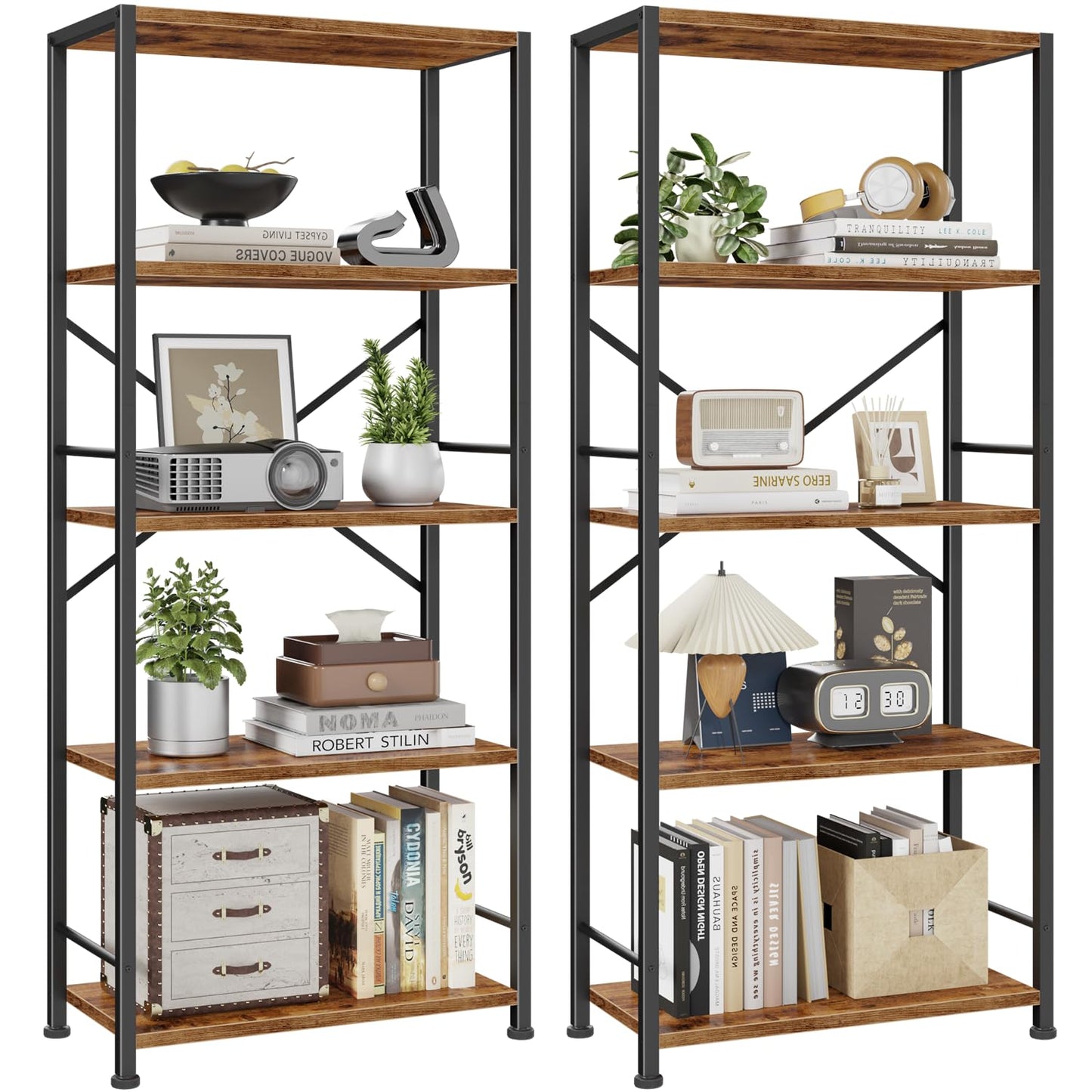 Furologee 5 Tier Book Shelf Set of 2, Tall Wide Bookshelf, Industrial Open Bookcase, Display Shelves Storage Organizer, Shelving Unit for Living Room, Home Office, Bedroom, Rustic Brown