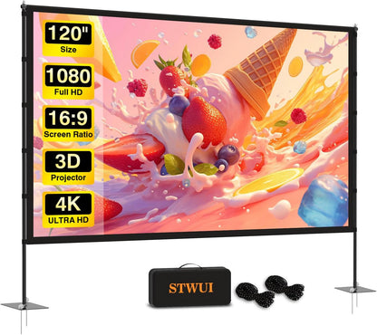 Outdoor-Projector-Screen-with-Stand - 120 inch Portable Projector Screen Indoor Outdoor Projector Screens 16:9 4K HD Lightweight Movie Screen with Carry Bag for Backyard Movie Night