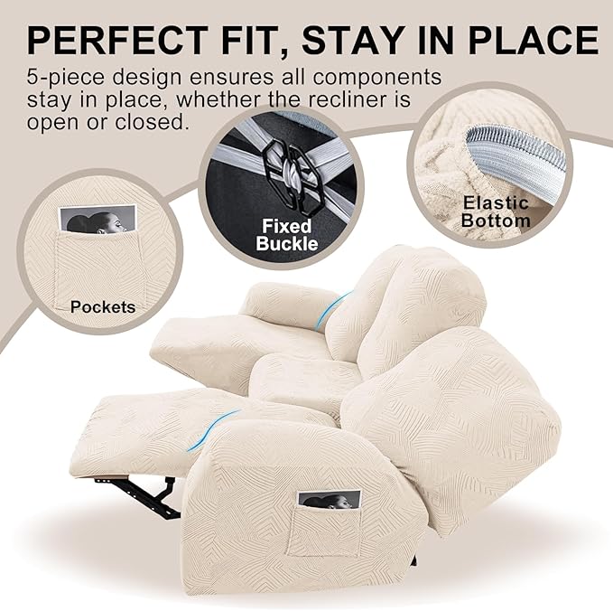 5-Piece Recliner Sofa Covers, Stretch Geometric Strokes Jacquard Recliner Sofa