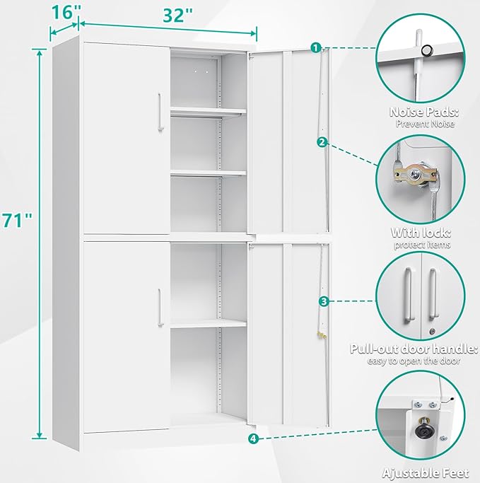 Metal Storage Cabinet with 3 Adjustable Shelves, Tall Steel Pantry Cabinets 4