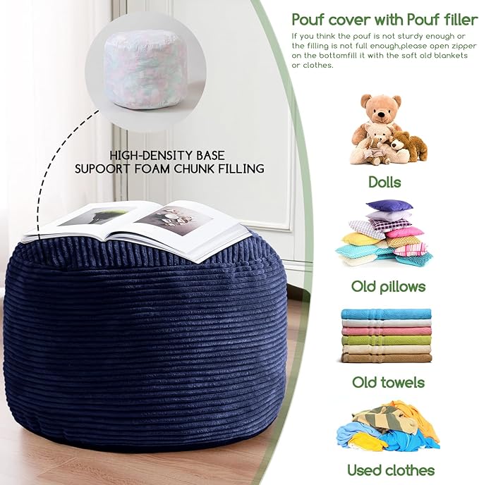 HIGOGOGO Round Stuffed Pouf Ottoman, Corduroy Poufs