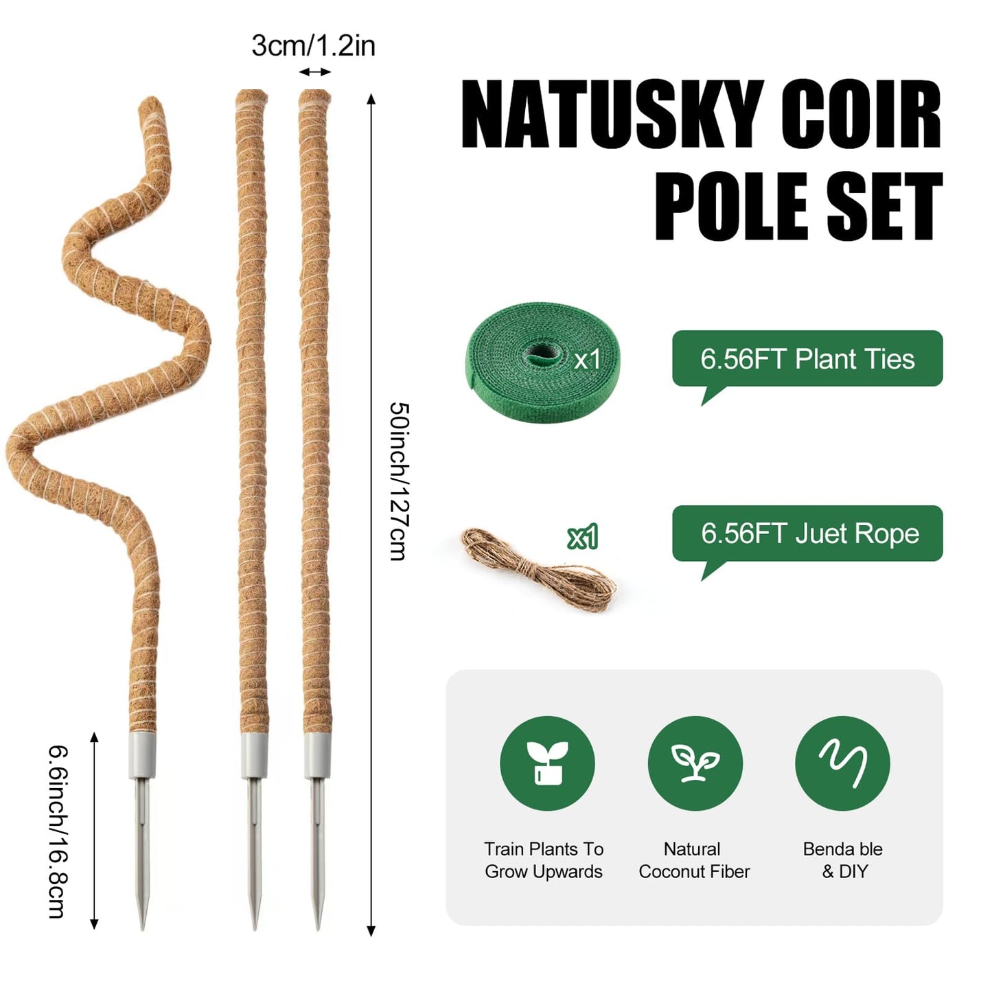 3 Pack Moss Pole, 50 Inch Moss Poles for Climbing Plants Stakes Indoor Monstera Support Tall Large Bendable Long Coco Coir DIY for Potted Plants, Pothos, Philodendron