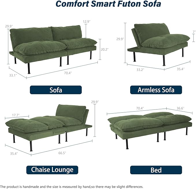 Ribilake 3 Sets 70" Futon Sofa Bed, 4 in 1 Multi-Function Couch Sleeper