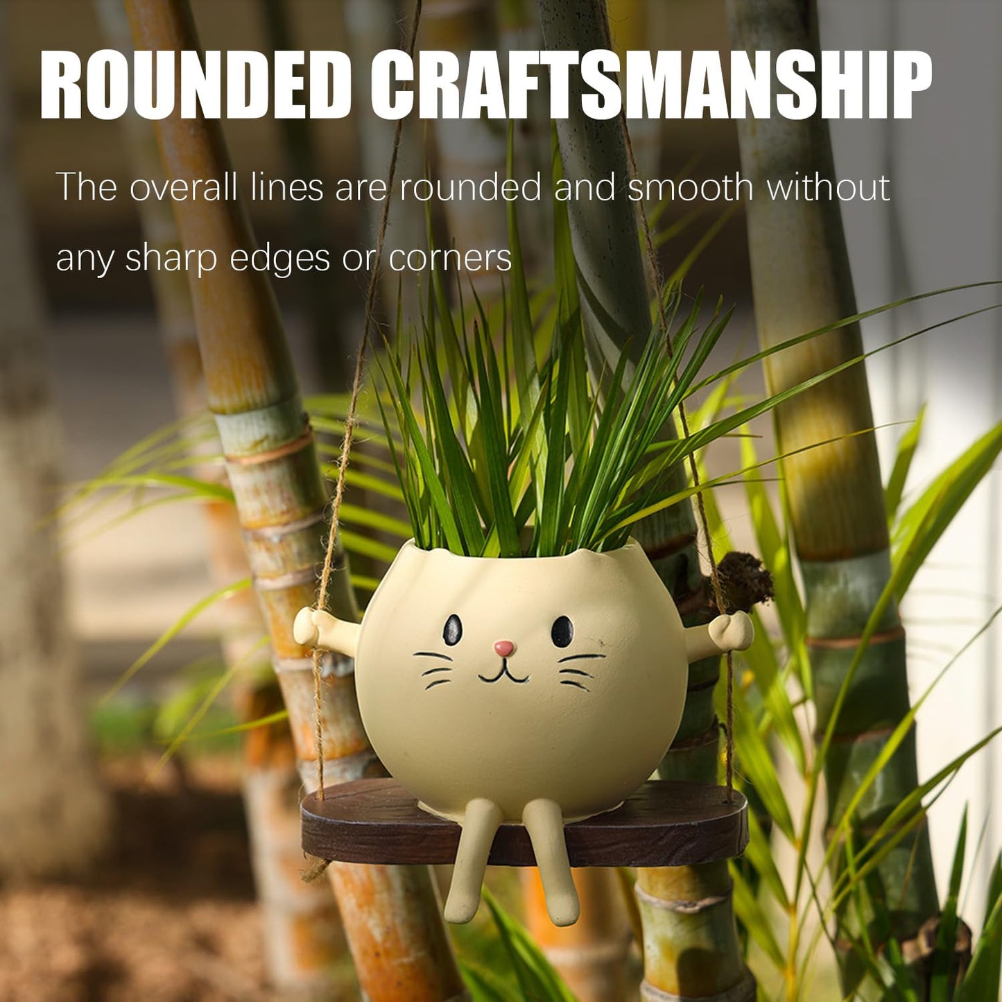 Swing Cat Hanging Planter, Resin Cute Cat Succulent Pot, Dual-Use Indoor Outdoor Plant Holder, Creamy Yellow Swing Flower Pot, Adorable Hanging Planter for Small Plants