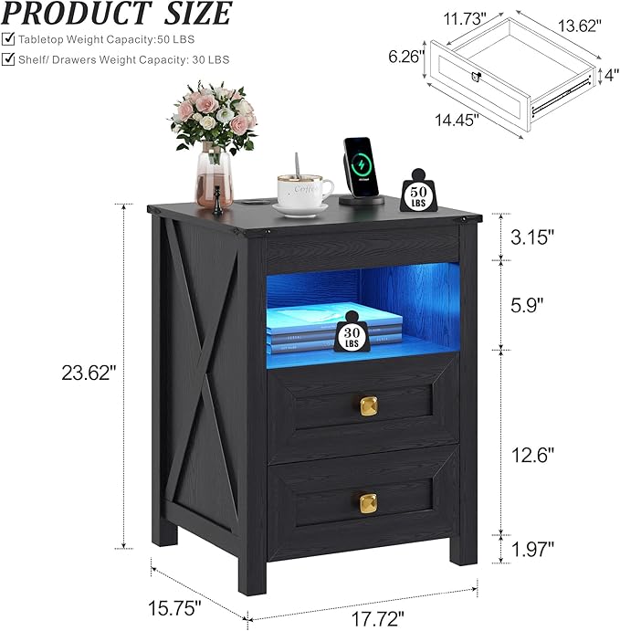 HWB LED Nightstand with Gun Drawer: Bedside Table with Charging Station